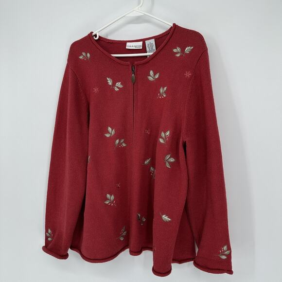 Croft & Barrow Cardigan Sweater Womens 1X Red Floral Embroidered Zip Knit Top - Picture 3 of 12